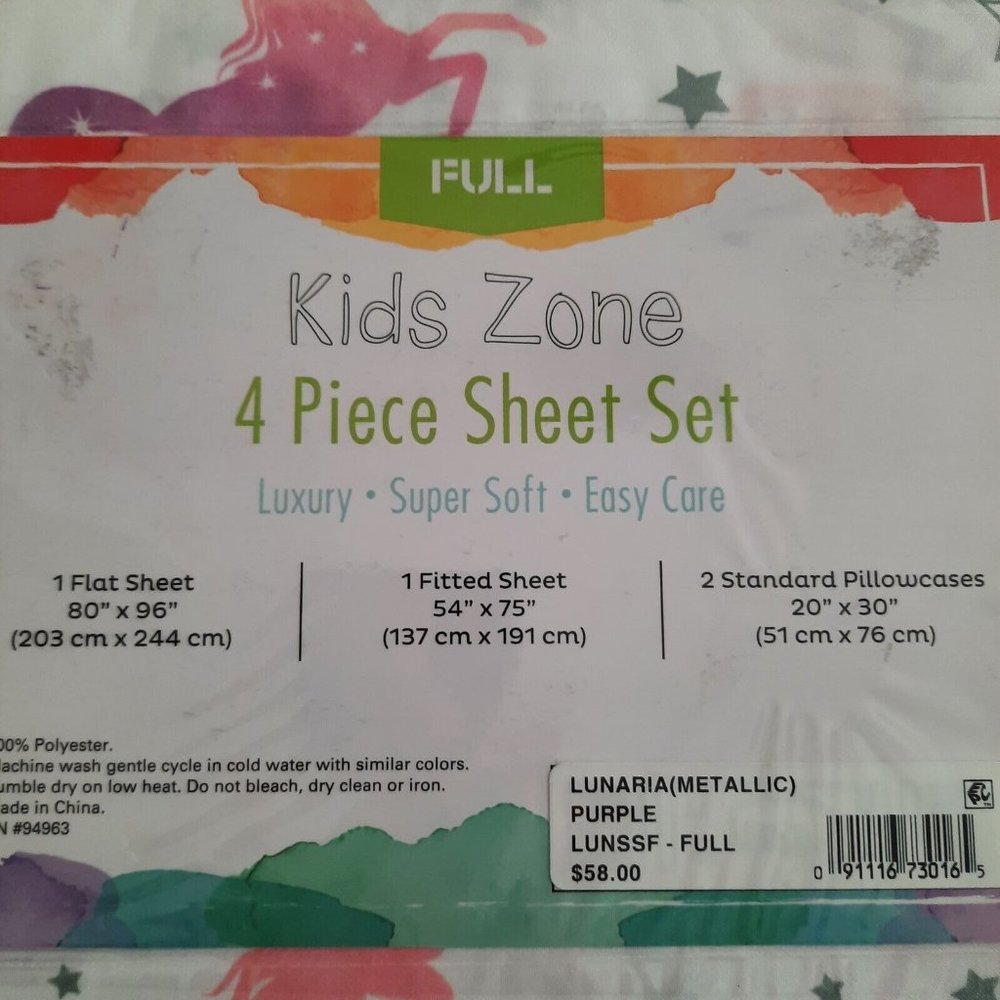 New 4 Piece Sheet Set Full Size Kids Zone Unicorn Polyester Flat Fitted & 2 Case